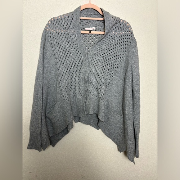 Rebecca Taylor Gray Lambswool/Cashmere Blend Crochet Asymmetrical Hem Cardigan S - Picture 2 of 9